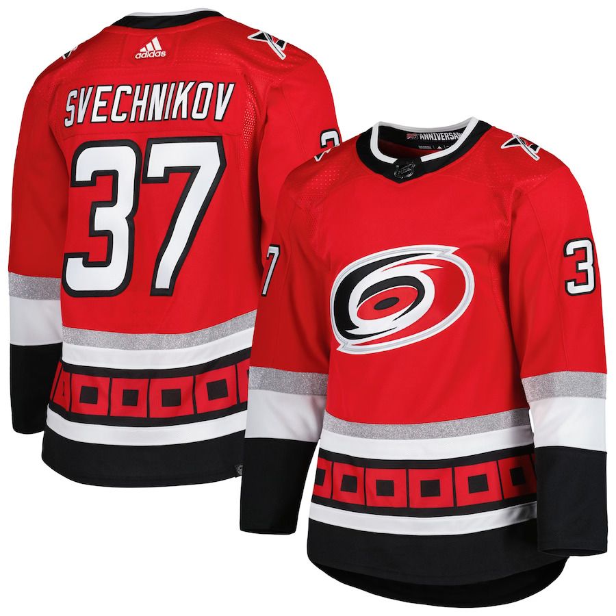 Men Carolina Hurricanes 37 Andrei Svechnikov adidas Red 25th Anniversary Authentic Pro Primegreen Player NHL Jersey